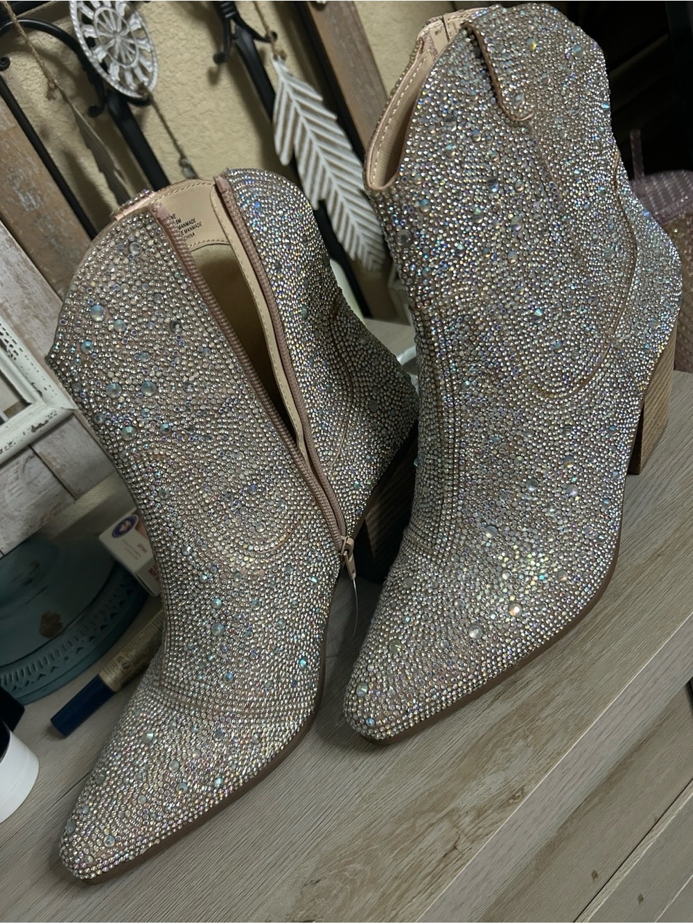 Embellished Sparkle Ankle Boots in Champagne